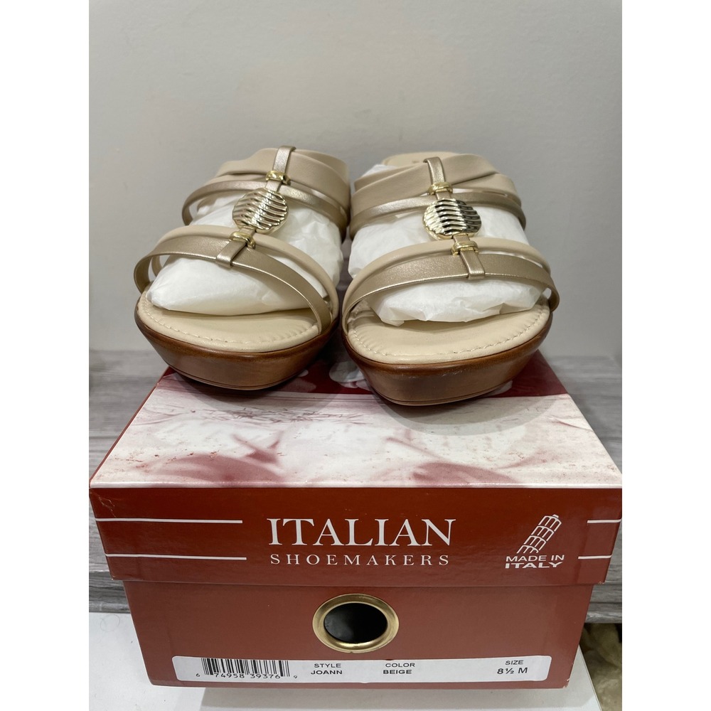 Italian Shoemakers Joann Beige Gold Multi-Strap Wedge Sandals Made in Italy 8.5M